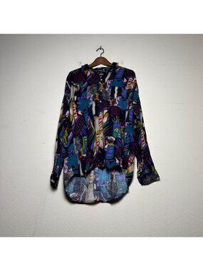 VTG Thumbs Up Long Sleeve Rayon Shirt Women XL Abstract Disco Blue Indie Button